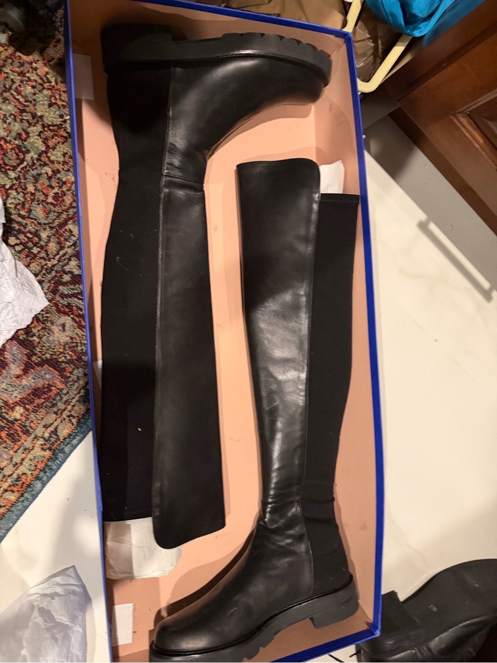 NIB Stuart Weitzman 5050 Lift Black Leather Stretch Over The Knee Boots 8.5